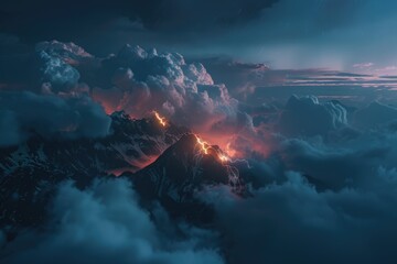 Mountain with Fire in Sky