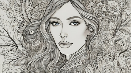 Fototapeta premium Beautiful woman with tattoos coloring book style darkly romantic illustration black and white.