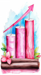 A pink and blue painting of three wooden poles with a red arrow pointing upwards