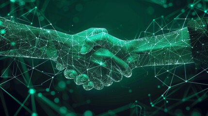 Digital handshake on a green technology background Abstract two hands in lines, connected nodes, and polygons, business collaboration concept