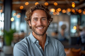 Fototapeta premium Man with a beard and a smile is posing for a picture in a restaurant