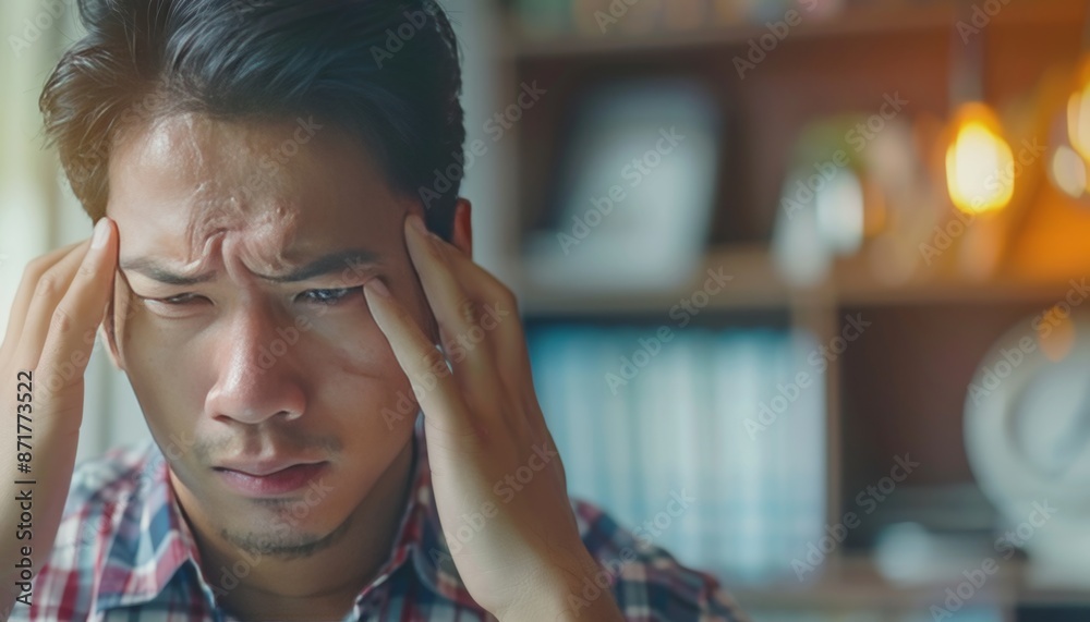 Wall mural young man suffering from severe headache in a home environment