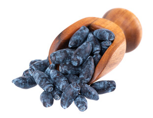 Honeysuckle in wooden scoop, isolated on white background. Fresh honeysuckle blue berry fruits. Clipping path.