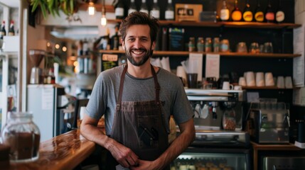 Fototapeta premium Young male entrepreneur managing and overseeing operations in his personal bistro business