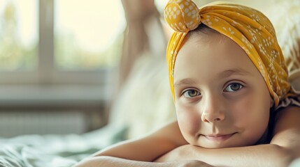 Serene Child with Yellow Headwrap Smiling Softly in Sunlight. Childhood Cancer Awareness Month