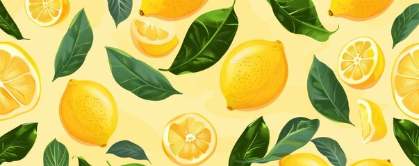 A painting of a bunch of lemons with green leaves. Free copy space for text.