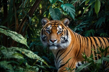 Obraz premium A tiger is standing in a dense jungle