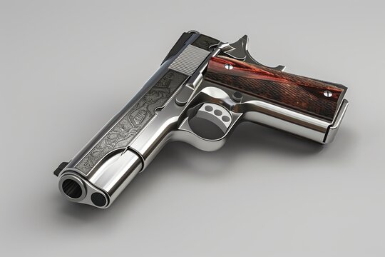 Flat Side View of Ruger SR1911 Pistol Highlighting robust construction and reliability white studio background, photoreal render