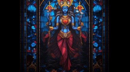 Majestic Stained Glass Art of Hindu Goddess Kali. Navaratri