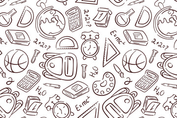 Back to school line art seamless pattern. Hand drawn object stationary of pencil, pen, book, bag, ruler, globe, alarm. Vector illustration on a white background.