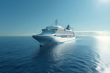 Naklejka premium A silver cruise ship filled with excited passengers, animated, sailing on calm blue waters, sun shining, good weather, luxurious vessel