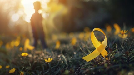 Hand Holding Yellow Awareness Ribbon in Sunlight. Childhood Cancer Awareness Month
