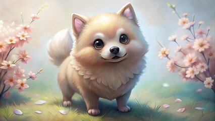 Tiny cute isometric dog small german spitz soft lighting. neutral colors. high definition. 3d icon clay render. blender. 