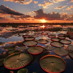 Sunset over a lake filled with water lily, Pantanal Brazil. Generative AI