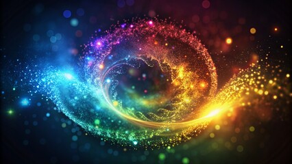 Colorful swirling mist of glowing particles coalesce to form a shimmering logo, set against a dark gradient background with subtle lens flares.