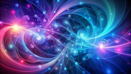 Fototapeta premium Vibrant abstract background featuring swirling shapes and interconnected nodes in shades of blue, purple, and pink, conveying dynamic change.