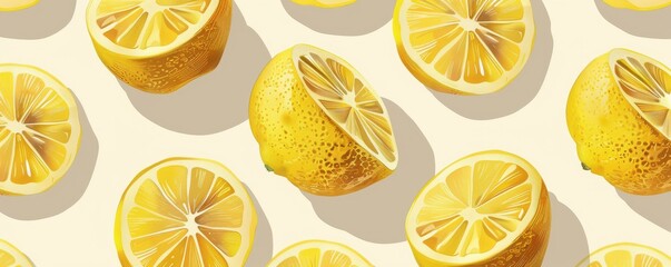 A painting of a bunch of lemons with green leaves. Free copy space for text.