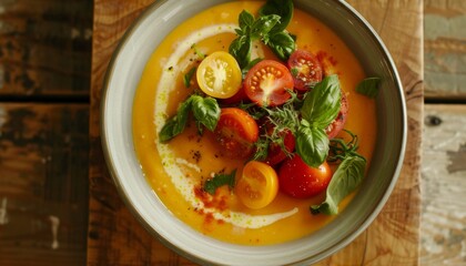 Colorful Tomato Basil Salad on Rustic Wood Background. Yellow Tomato Gazpacho