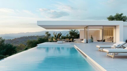 Fototapeta premium A luxurious poolside retreat, with the blank mockup of the minimalist villa complementing the elegant ambiance.