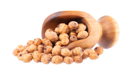 Tiger nuts in wooden scoop, isolated on white background. Pile of chufa nuts, earth almond or chufa sedge. Cyperus esculentus.
