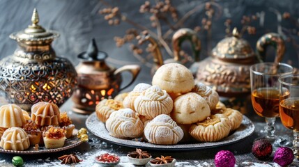 Traditional Middle Eastern Sweets and Tea on Decorated Table