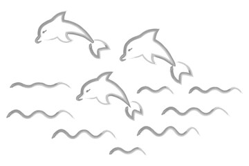 Three dolphins. Sketch. Vector illustration. Collection of marine mammals diving into the waves. Hand drawn watercolor drawing. Outline on a white isolated background. Ocean dweller. Coloring book.