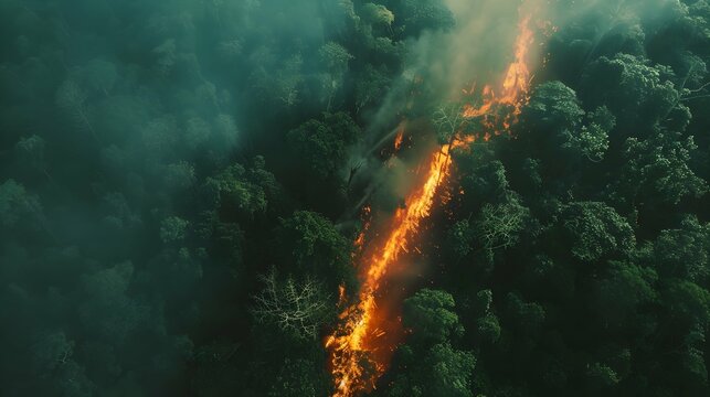 aerial shot of fire dividing lush green forest