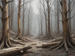 A fossilized forest captured in abstract form, with textured browns, grays, and hints of gold representing petrified wood