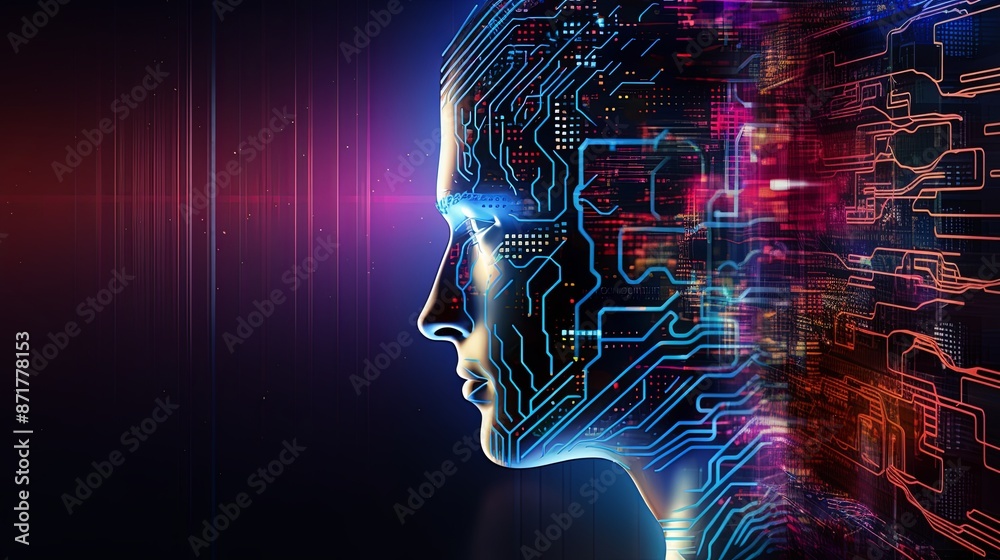 Wall mural abstract artwork of human head silhouette with circuit board design