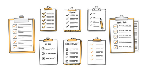 Doodle checklist set. To do, task list with check mark vector illustration. Hand drawn sketch style memo page.