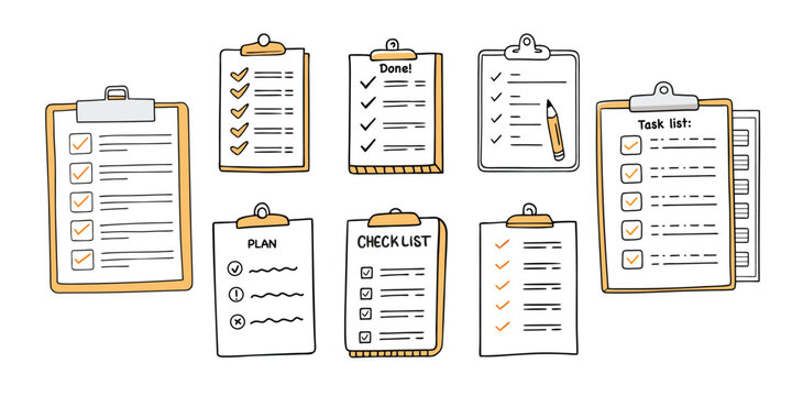 Doodle checklist set. To do, task list with check mark vector illustration. Hand drawn sketch style memo page.