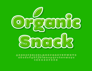 Vector eco concept Organic Snack. Cute Green Font. Glossy Alphabet Letters and Numbers set. 