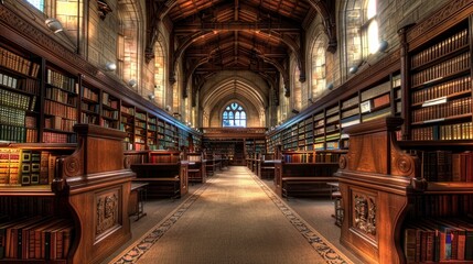 A large library with many bookshelves and a long aisle