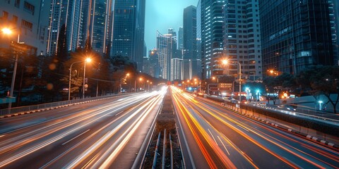 Fototapeta premium Evening city traffic on highway amidst modern high buildings.