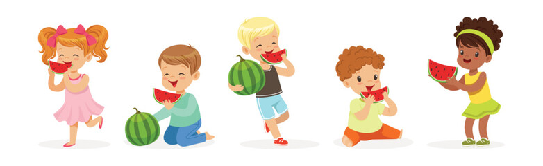Cute Kid Character Eat Ripe Juicy Watermelon Fruit Vector Set