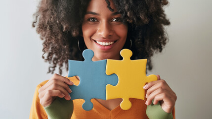 A woman connecting jigsaw puzzle pieces problem solution concept