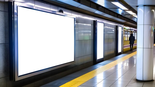 Blank white billboard at railway station, screen poster mockup in metro hallway. Hanging banner for advertising in subway. Concept of frame, background, mock up, design