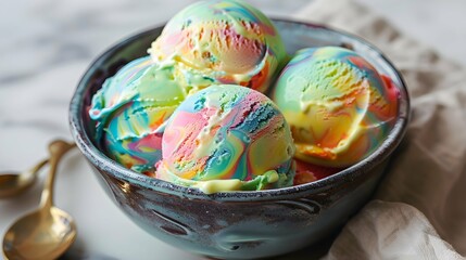 Fototapeta premium bowl of rainbow sherbet swirl ice cream