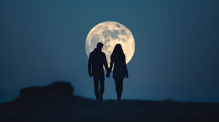 Couple walking hand in hand during a full moon night, silhouetted against the bright lunar backdrop, exemplifying romance and connection.