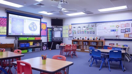 A classroom with a projector screen and a whiteboard