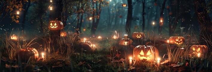 Halloween Pumpkin Head with Carved Scary Smiling Face at Night Outside. Jack-O-Lantern, Burning Candles Outdoor. Halloween Dark Composition Backyard Decor. Pumpkins Black Background. All Saints Day