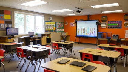 A classroom with a large screen on the wall and a projector