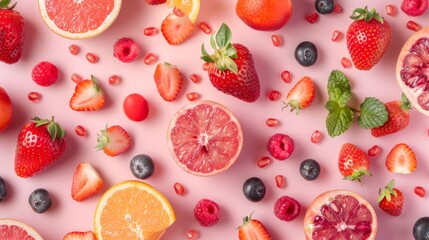 Fresh fruits and berries on pink background