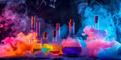 Colorful smoke and colorful liquid in flasks on black background, concept of scientific research or chemical laboratory work with vibrant colors, bright colored thick smoke coming from beakers 