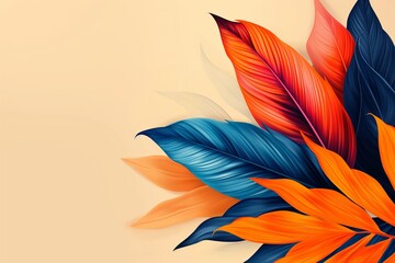 Fototapeta premium A colorful leafy plant with blue, orange, and red leaves. The leaves are arranged in a way that creates a sense of movement and flow. Scene is vibrant and lively