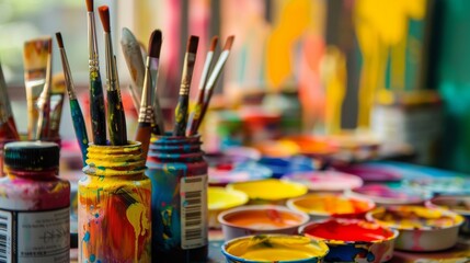 Obraz premium A table with many different colors of paint and paintbrushes