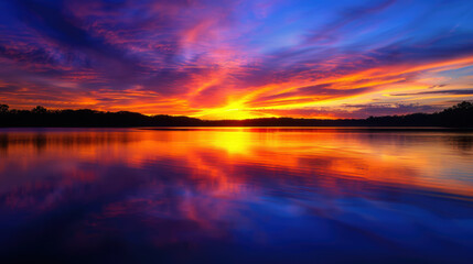Fototapeta premium A beautiful sunset over a lake with a reflection of the sun in the water
