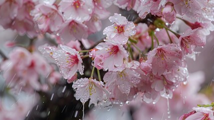 Obraz premium close-up of fresh cherry blossoms under rainfall