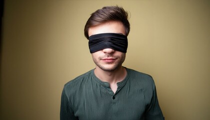 Fototapeta premium Blindfolded Young Man Portrait on Yellow Background
