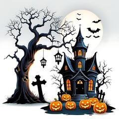 halloween decoration elements. dead trees, haunted houses, graves and scary pumpkins. isolated on white background.